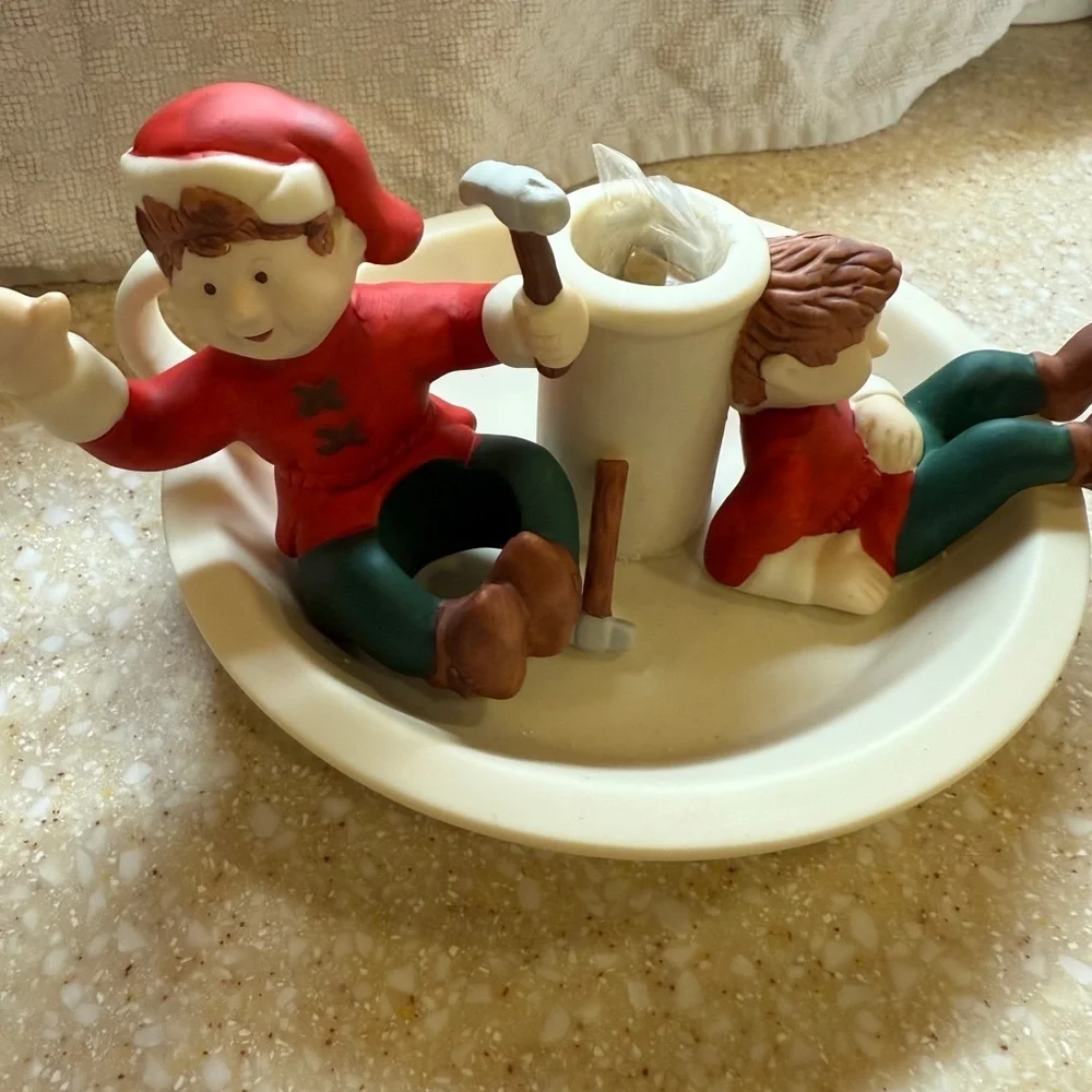 Vintage 90’s Partylite Christmas Elf Tapered Candle Stick Holder Resting Elf